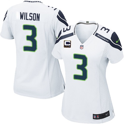 Women's Elite Russell Wilson Nike Jersey White Road - #3 C Patch NFL Seattle Seahawks